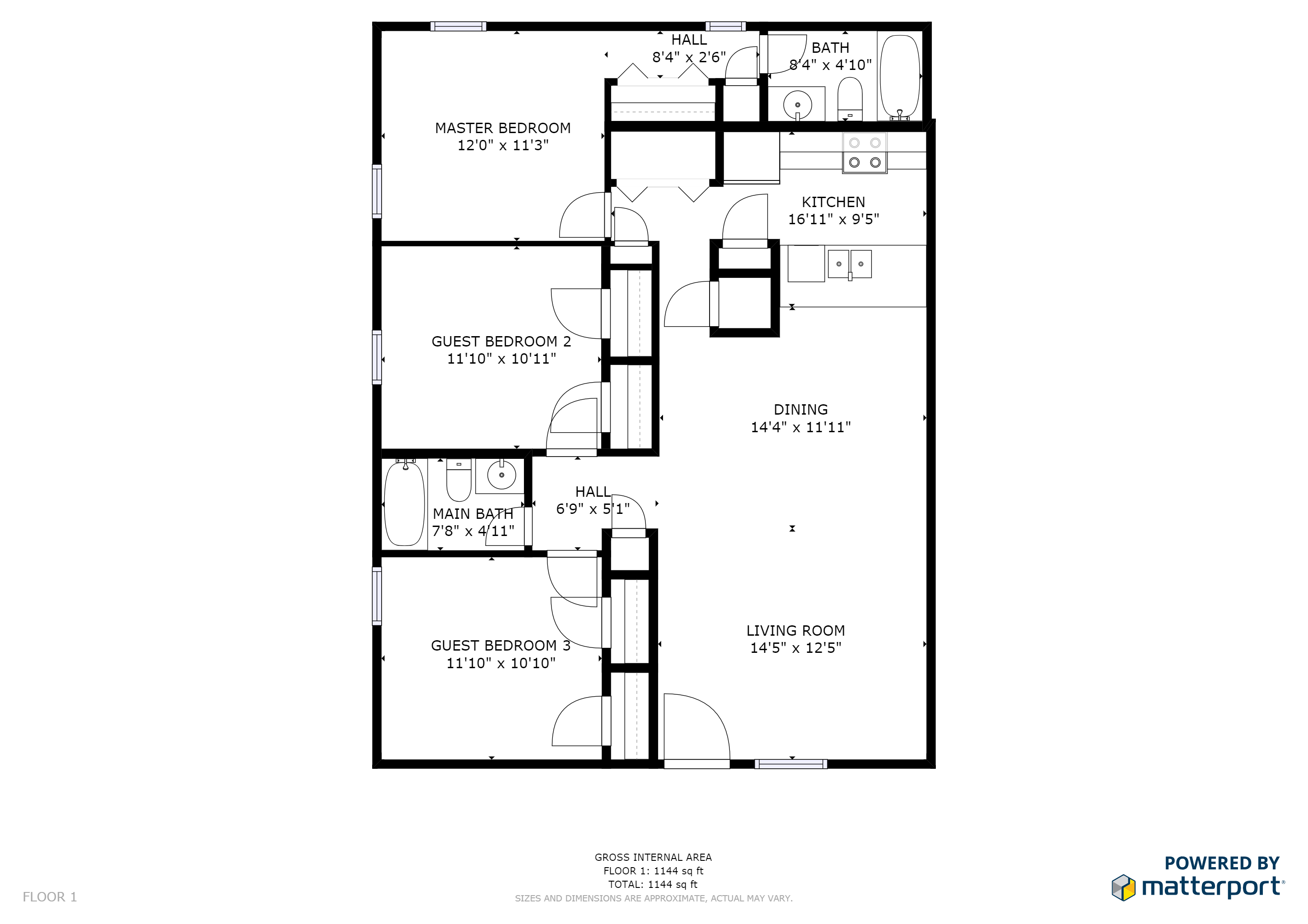 Floor plan for 3 beds, 2 baths, 1356 sqft